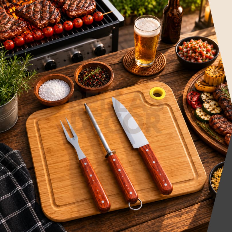 Kit Churrasco Aço Inox Faca 7 Polegadas Garfo Trinchante Amolador Chaira Profissional Cabo Madeira Resistente