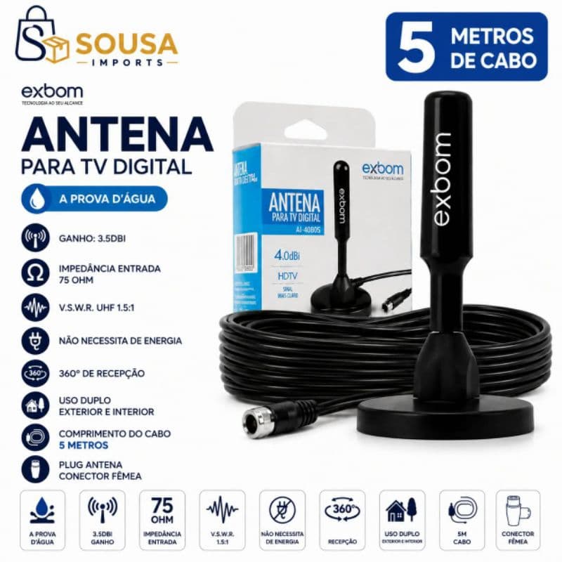 Antena Digital Hdtv Uhf Vhf Base Imã Prova D'água - Exbom Cabo 5 Metros