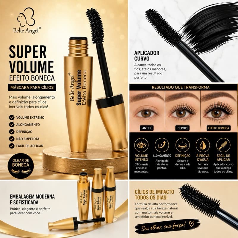 máscara de cílios, máscara Belle Angel, Super Volume, máscara efeito boneca, cílios volumosos,rimel preto