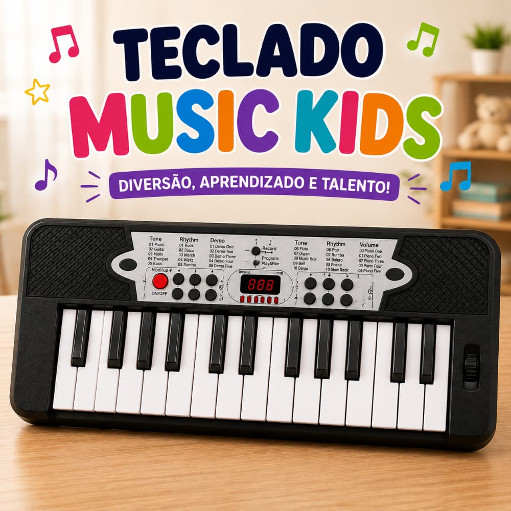 Teclado Musical Infantil Eletrônico Brinquedo Educativo com Sons para Crianças 27x9cm Visor fictício/ilustrativo