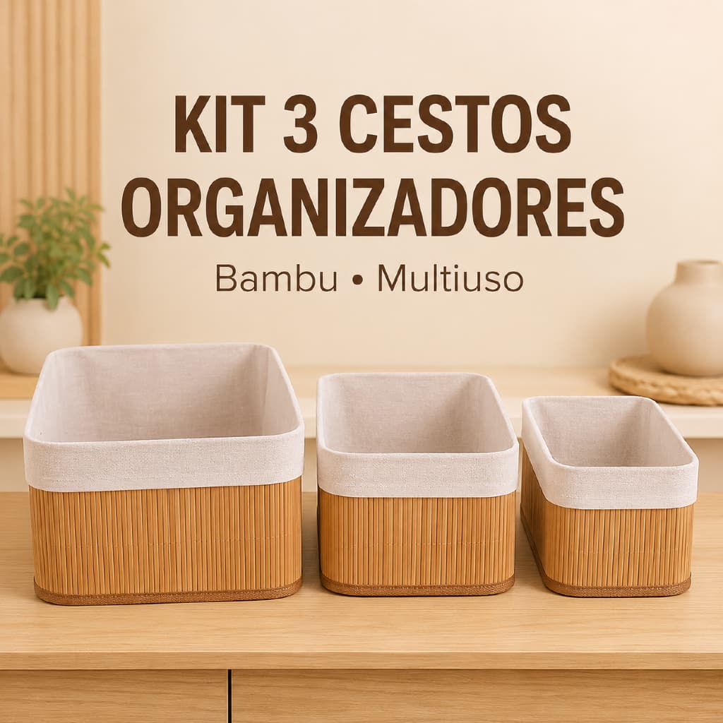 Kit 3 Cestos Organizadores Multiuso Bambu Estilo Rattan Cozinha Banheiro Casa