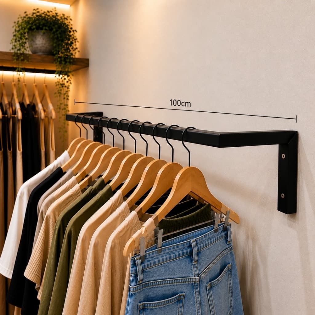 Arara De Roupa Parede 1 Metro Suporte Roupas Cabideiro Quarto Closet Preto/Branco