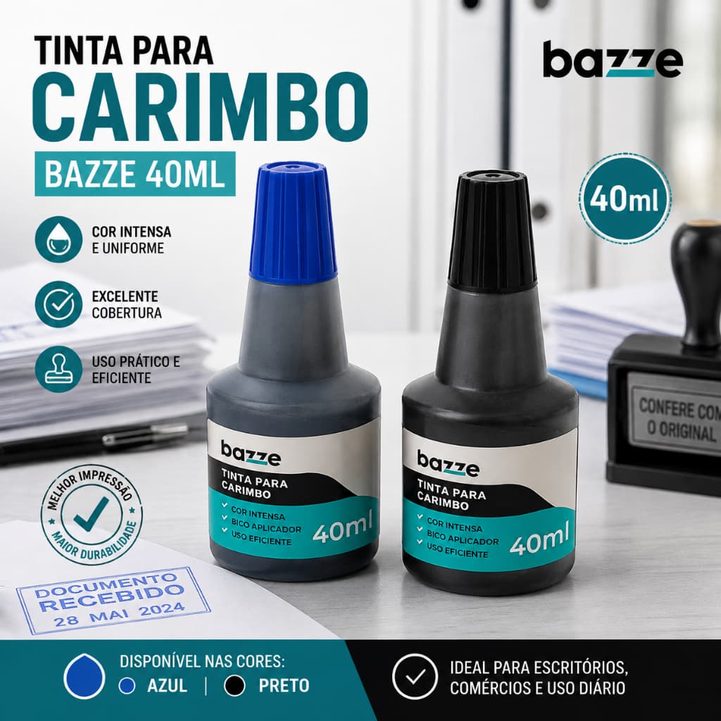 Tinta para Carimbo Bazze 40ml Azul ou Preto com Bico Aplicador