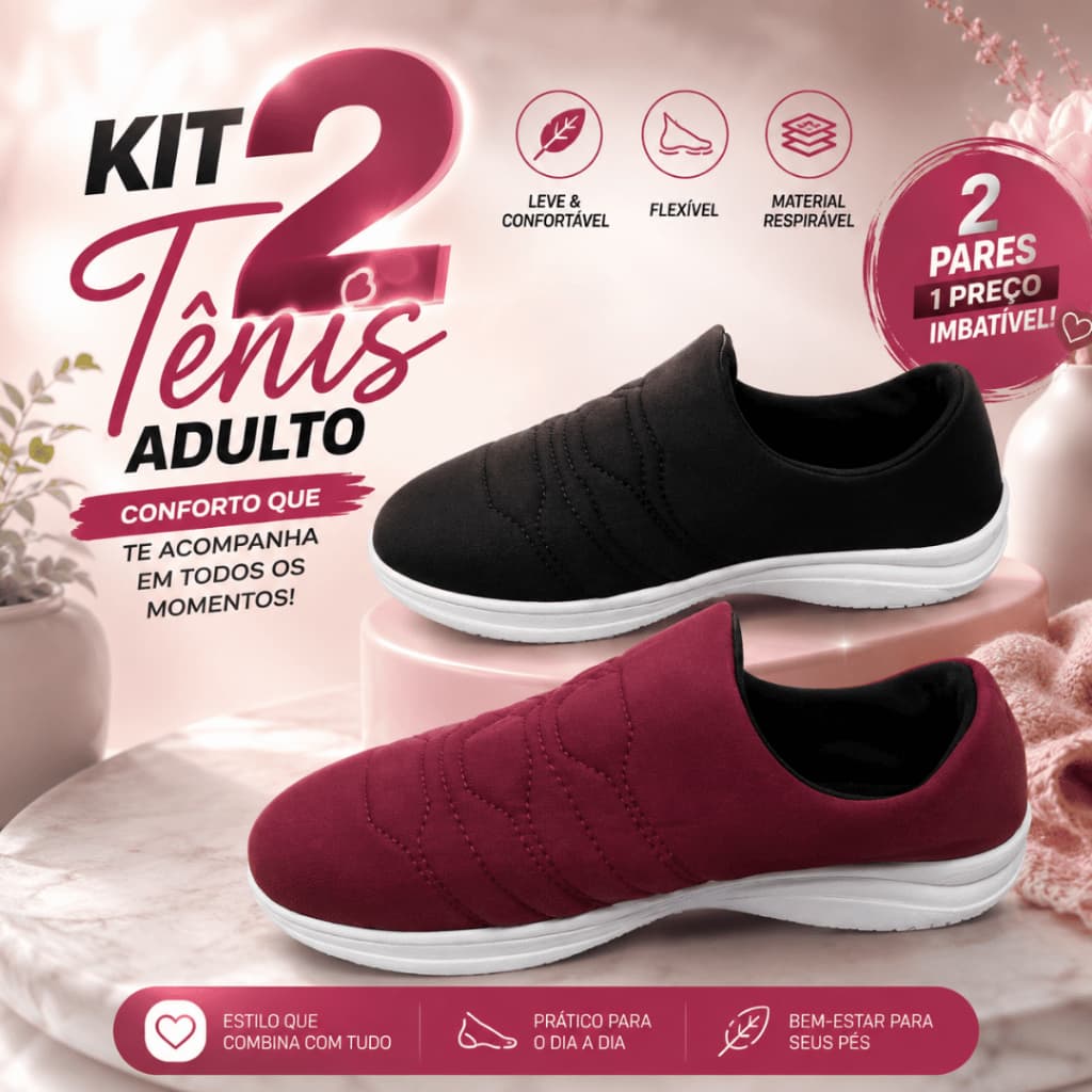 Kit 2 Tênis Feminino Bordado Calce Fácil Confortável Macio Tecido Respirável Dia Dia