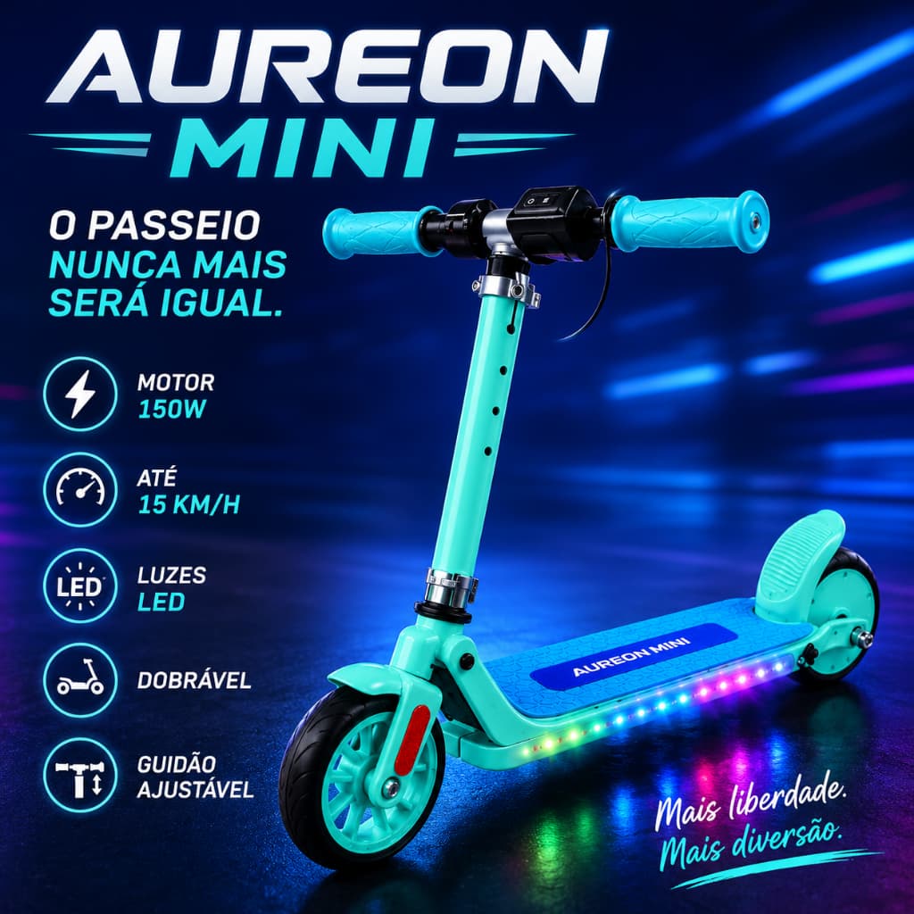 Patinete Elétrico Infantil Aureon Mini 150W LED Dobrável Guidão Ajustável 15km/h