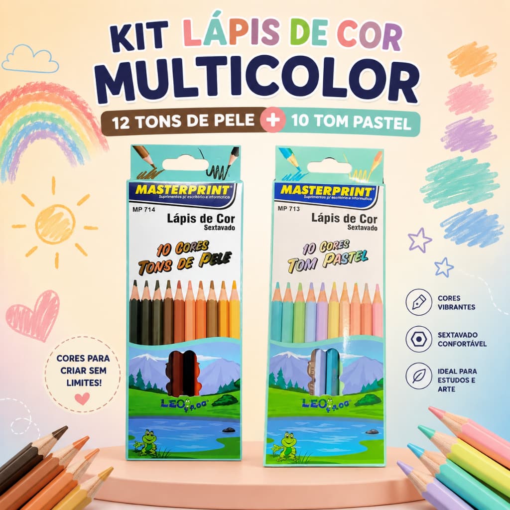 Kit Lápis de Cor Masterprint 20 Cores 10 Tons de Pele 10 Tons Pastel Sextavado Desenho Escola Pintura