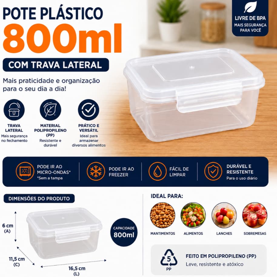 Pote Plástico 800ml com Trava Lateral Hermético em Polipropileno (PP)