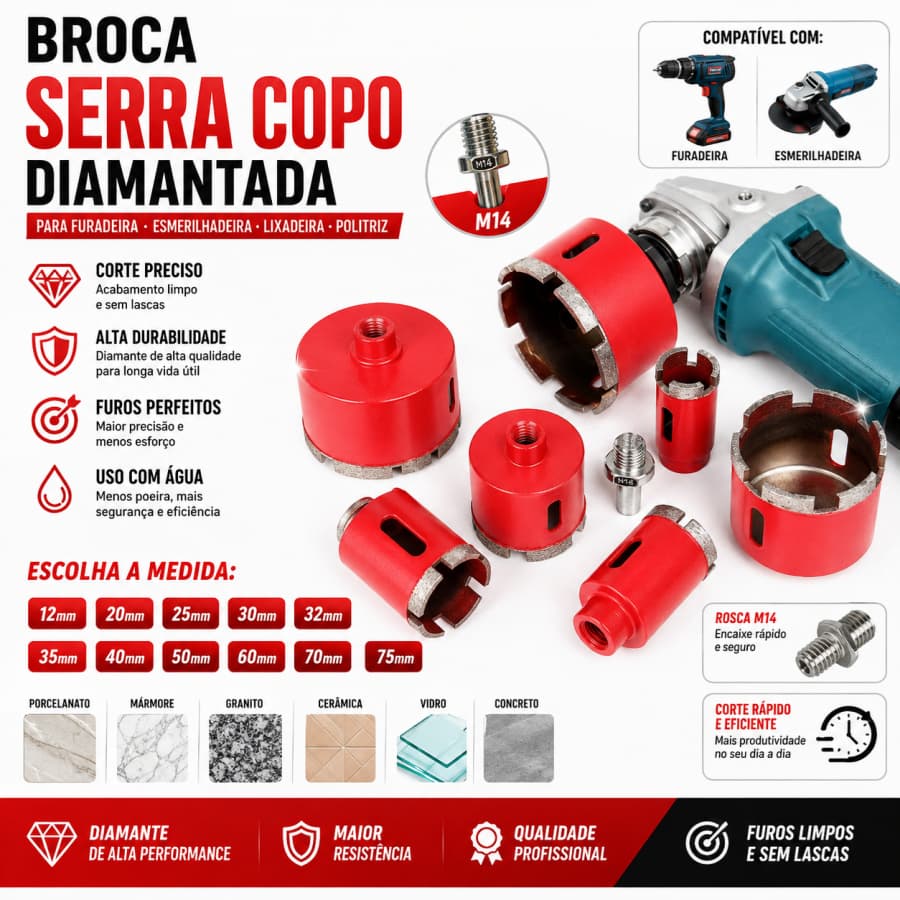 Broca Serra Copo Diamantada para Furadeira Esmerilhadeira Lixadeira Politriz ( ESCOLHA A MEDIDA )