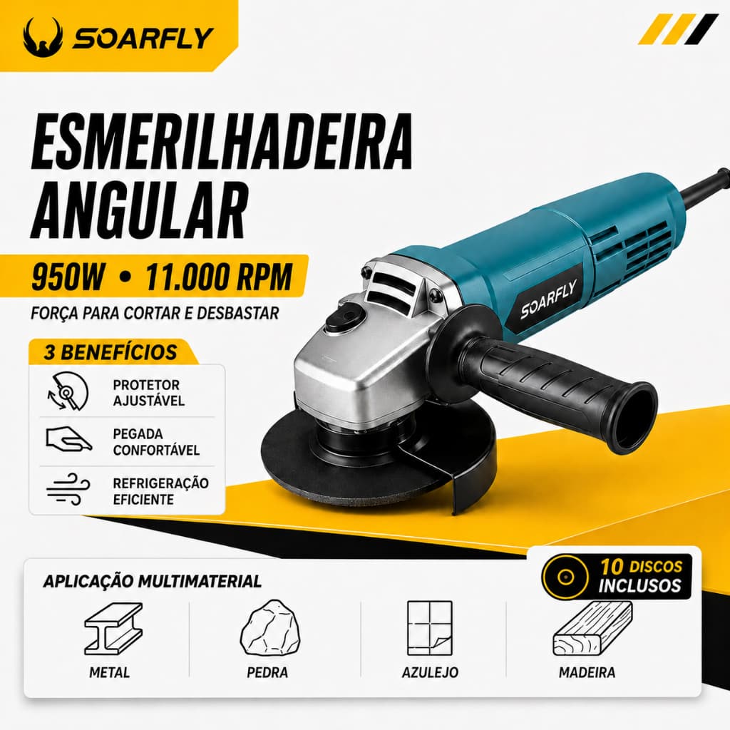 War Shark 950W 6ª marcha Esmerilhadeira angular 115mm 4.1/2 11000rpm 110V/220V