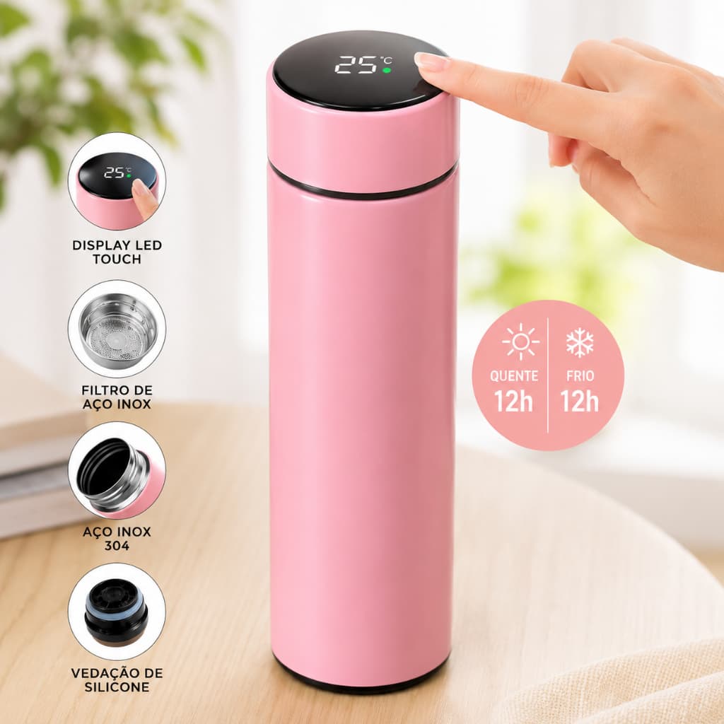 Garrafa Térmica 500ml Inox com Display Digital de Temperatura LED Quente e Frio - ZUNISHOP