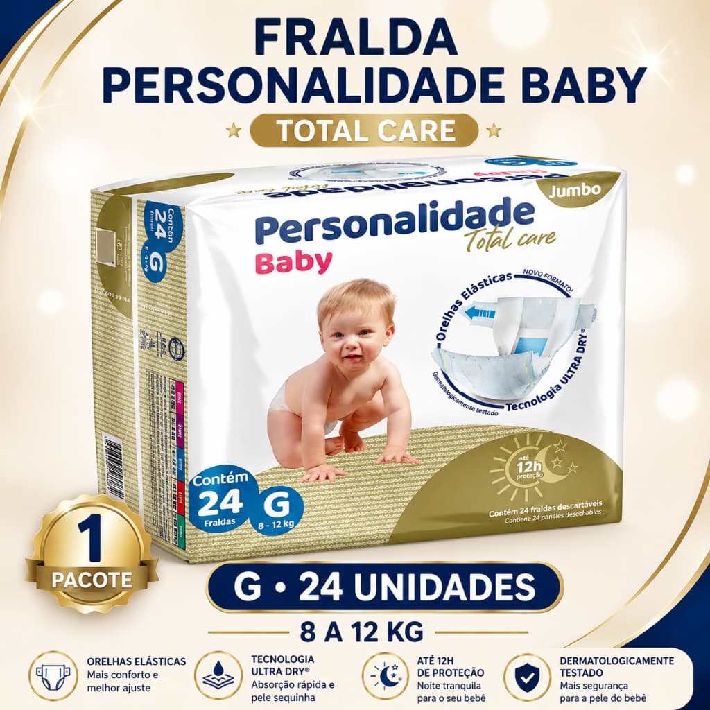 Fralda Personalidade Baby Total Care Jumbo Tamanho G - 24 Unidades