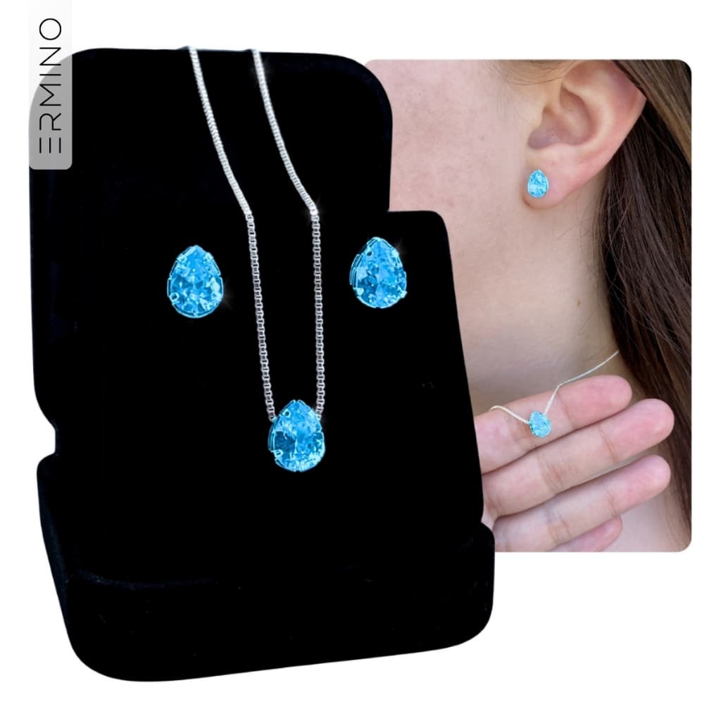 Conjunto Colar e Brinco Prata 925 Pingente Gota Ponto de luz Azul Safira Corrente Veneziana 45cm + Brinco Conjunto
