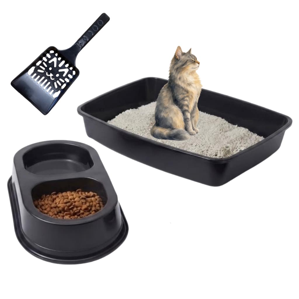 Kit Higiênico com Caixa de Areia Para Gatos com Pá Comedouro Bebedouro Duplo Banheira Sanitária