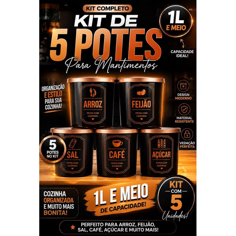 Kit com 5 potes para mantimentos     Mantimentos Preto Tampa Cobre – Potes Herméticos para Cozinha
