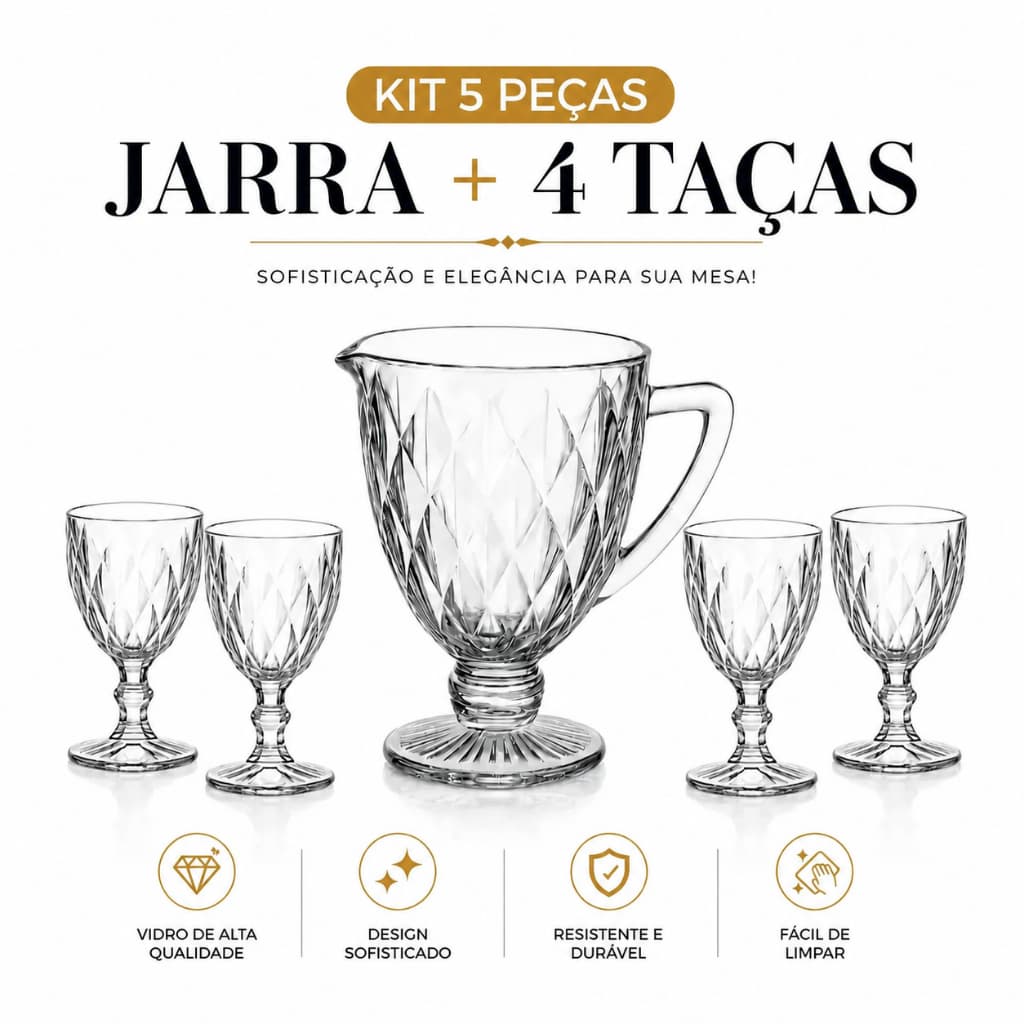 Conjunto Jarra de Vidro Diamond Bela Flor 1,2L + 4 Taças 330ml Cristal Ecológico