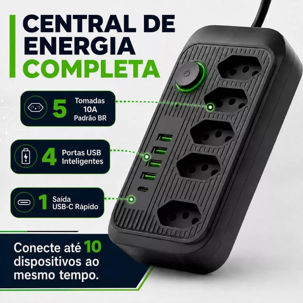 Régua Filtro de Linha com 5 Tomadas Extensão Elétrica Universal 4 USB e 1 USB-C Bivolt 10A 110v/220v Cabo de 2 Metros