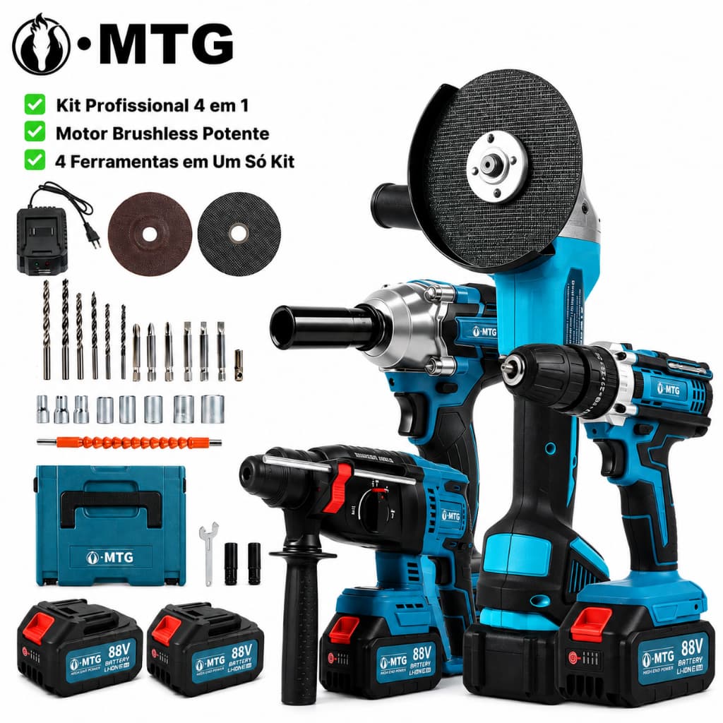 Kit 4 em 1 Brushless Sem Fio MTG, Furadeira + Chave de Impacto + Esmerilhadeira + Martelete com Maleta