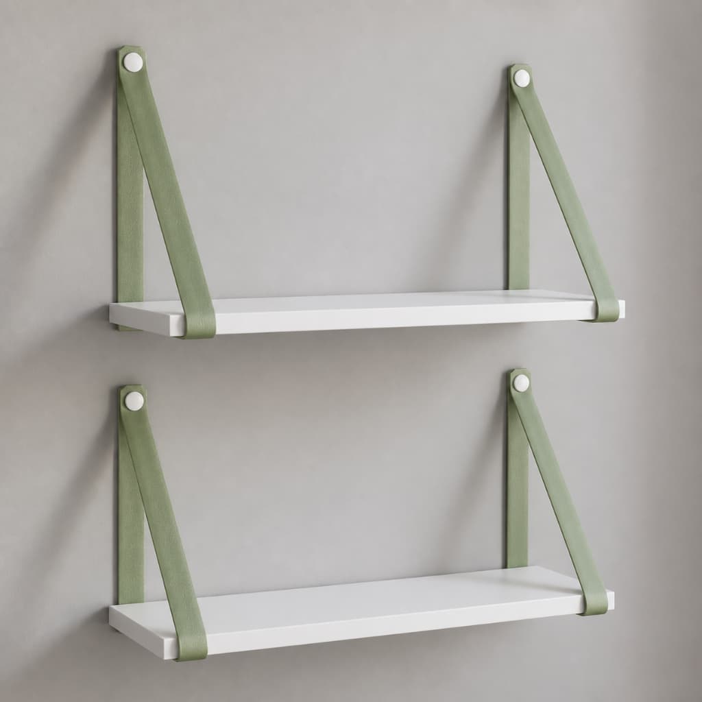 Kit 2 Prateleiras Suspensa Mdf Branca Alça Couro Ecológico Verde Decoração Parede Quarto Sala Infantil Nicho Decorativo