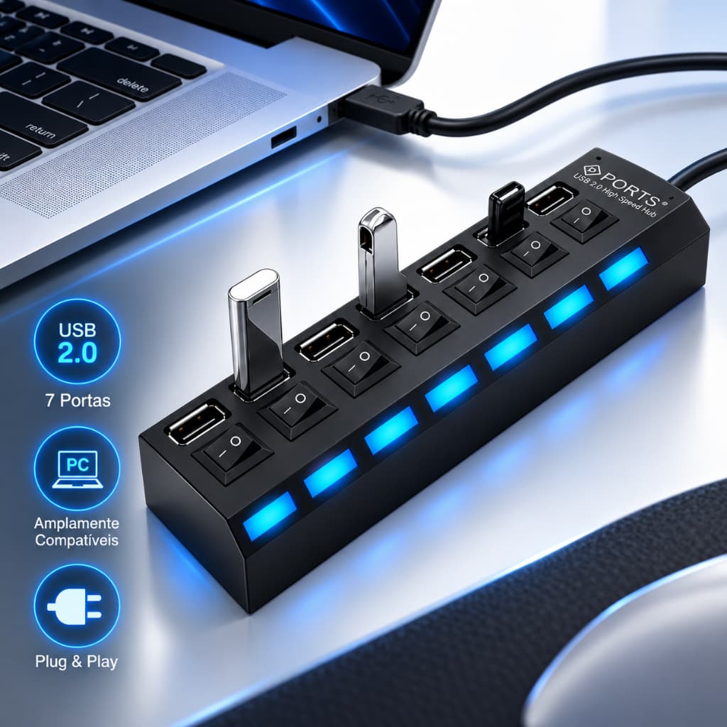 Hub USB 2.0 Régua 7 Portas Extensor Para PC Notebook Teclado Mouse Com Chave On/Off Individual H'Maston HA-02