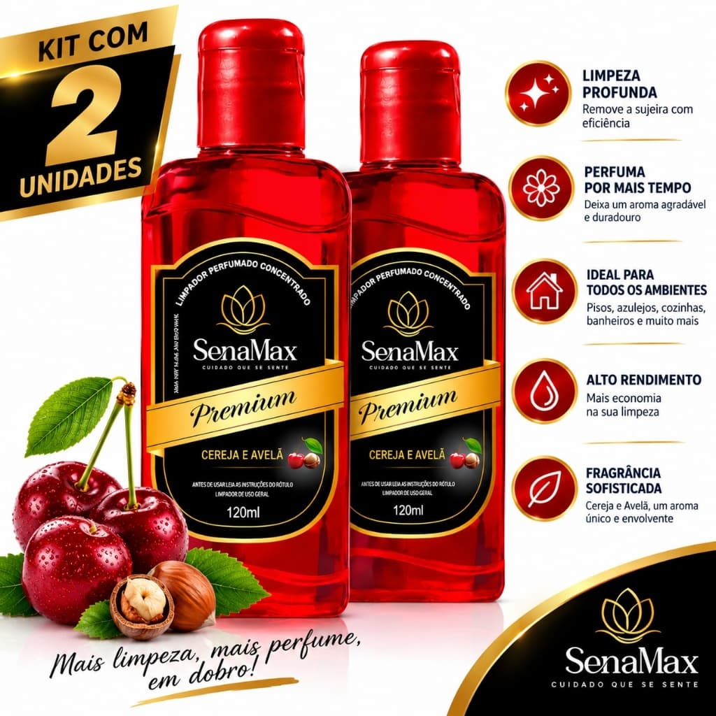 Kit 2 Limpador Perfumado Concentrado SenaMax Premium Cereja e Avelã 120ml Perfume para Casa