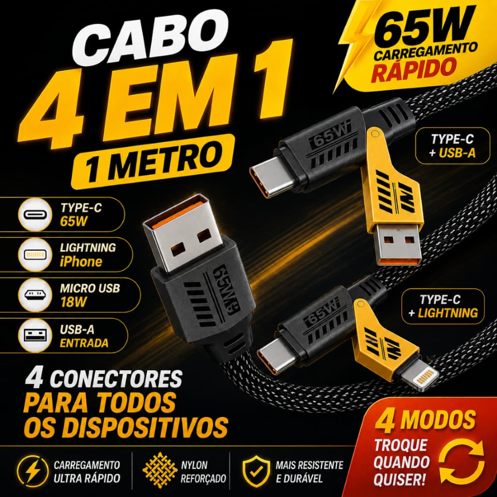 Cabo 4 em 1 Carregamento Rápido PD 65W USB Tipo C Lightning Duplo Nylon Trançado para Android e iOS