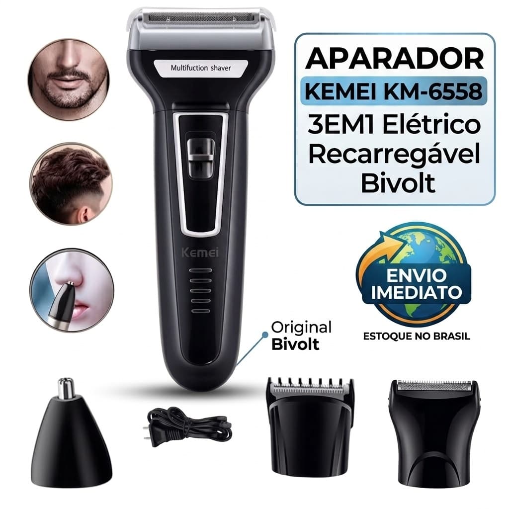 Aparador Kemei KM-6558 3em1 Elétrico Recarregável Bivolt Barba, Nariz, Cabelo, Bigode, Corpo. Máquina Original