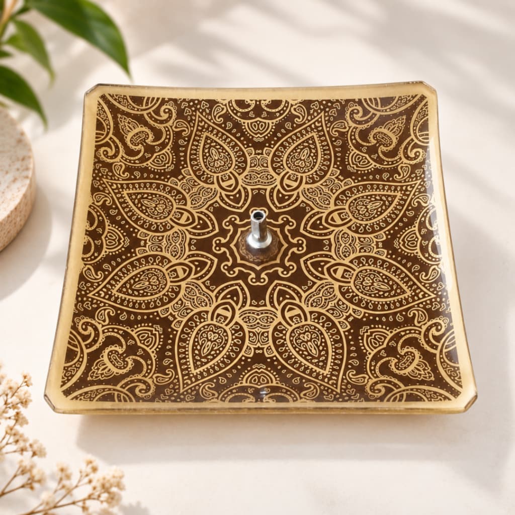 Porta Incenso Quadrado Mandala em marrom e ouro