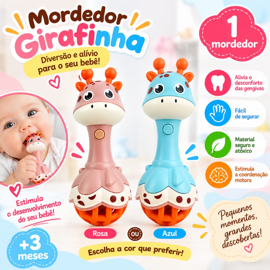 Chocalho e Mordedor Musical Girafinha – Luz e Estimulação Sensorial (Kitstar)