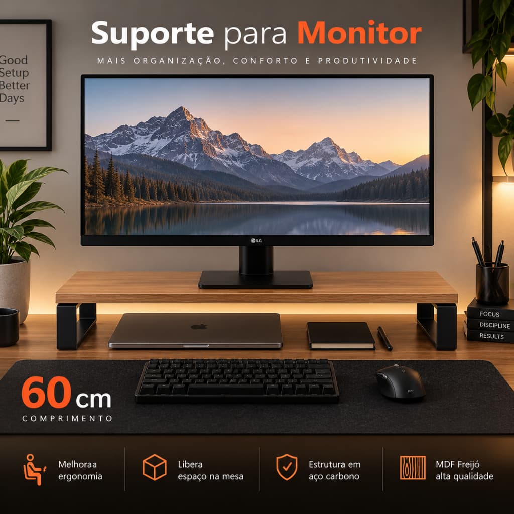 Suporte para Monitor Stand 80x22cm MDF Freijó Base Elevada Setup Gamer PC Escritório Home Office Mesa Organização Premiu