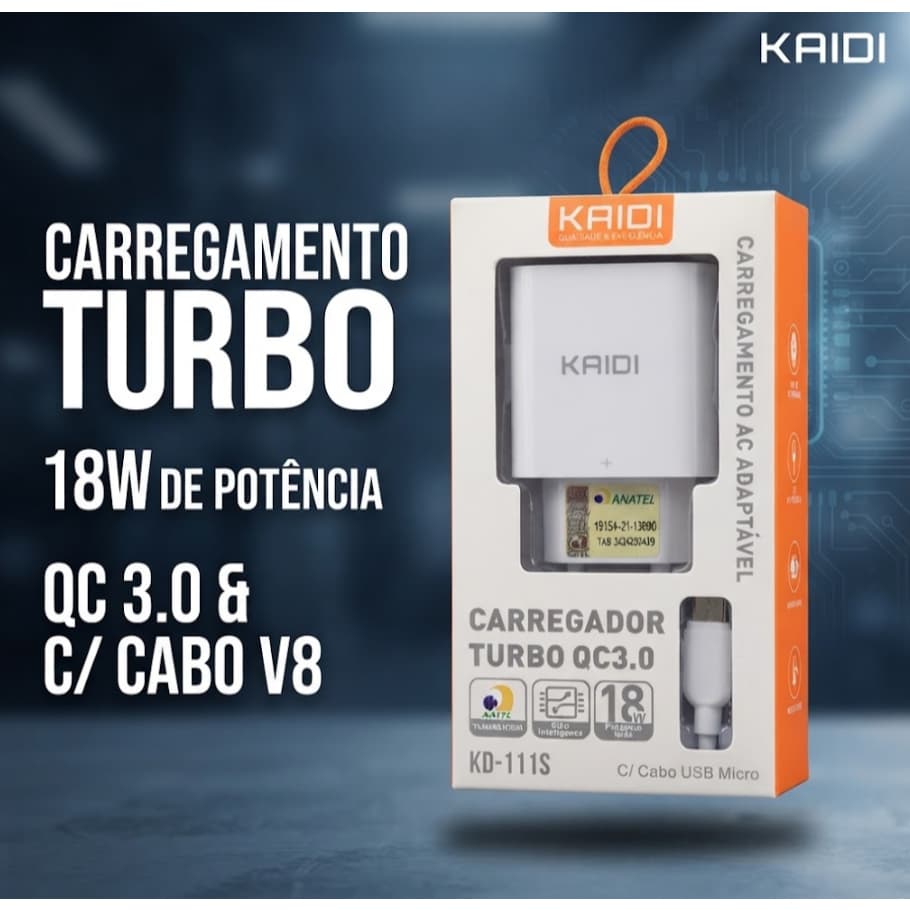 Carregador Kaidi KD-111S Turbo QC 3.0 18W com Cabo V8 Micro USB
