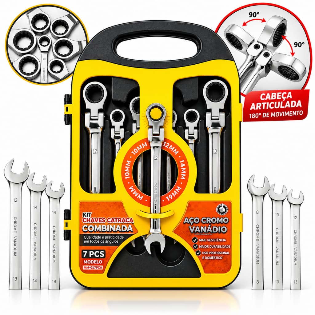 Kit Chave Combinada com Catraca 7 Pçs Cabeça ARTICULADA Aço Cromo Vanádio Kit Ferramenta + Maleta Organizadora