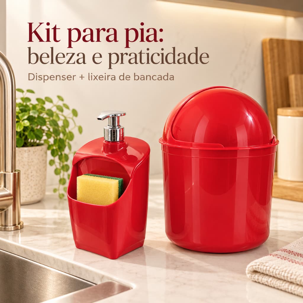 Kit Pia Cozinha UZ Lixeira 4L + Dispenser Detergente 500ml com Porta-Esponja