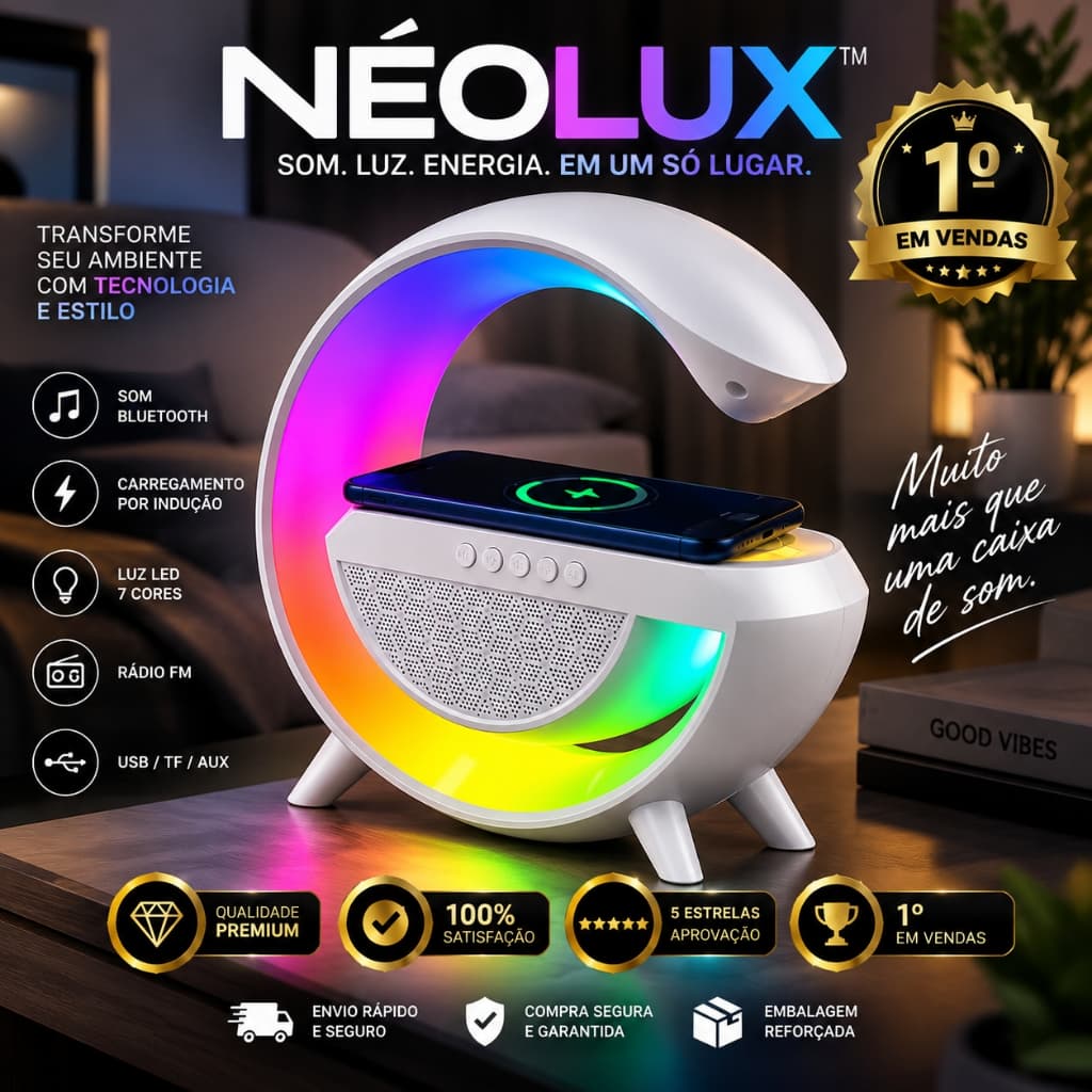 Caixa de Som Bluetooth com Carregador por Indução Wireless LED RGB Rádio FM USB AUX NÉOLUX™