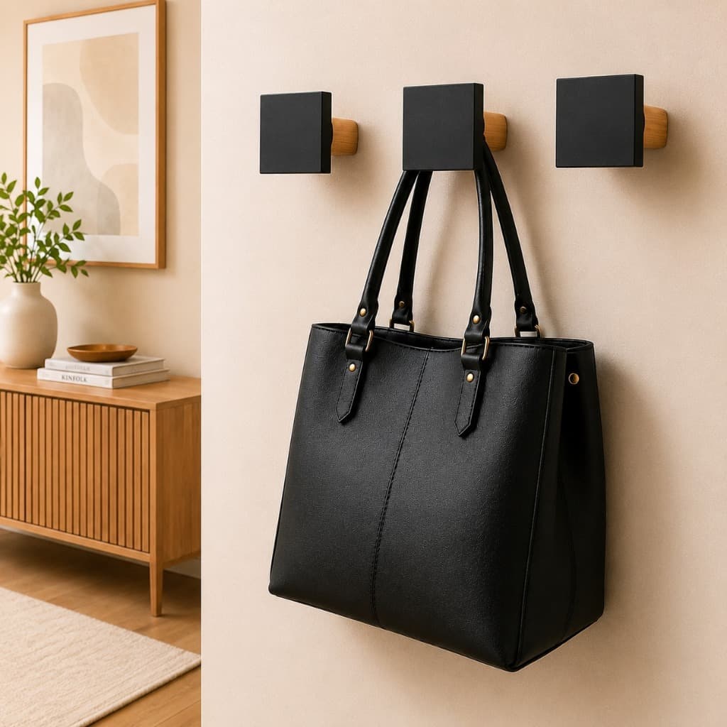 Kit Gancho de Parede Quadrado MDF Preto 8x8cm | Cabideiro Organizador para Bolsa Roupa Toalha Mochila
