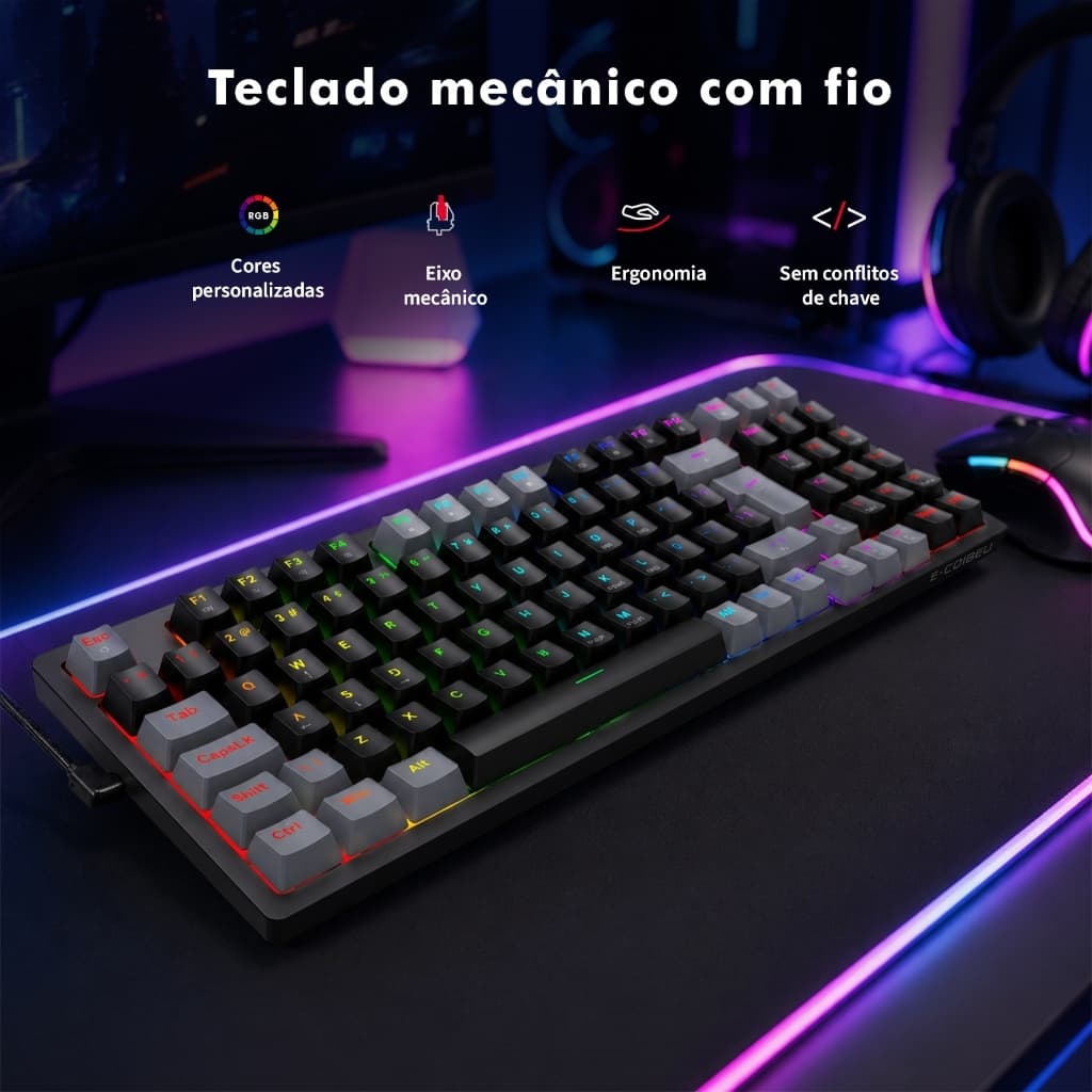 Teclado Mecânico Gamer RGB com Hot Swap, Switch Vermelho, Conexão USB-C