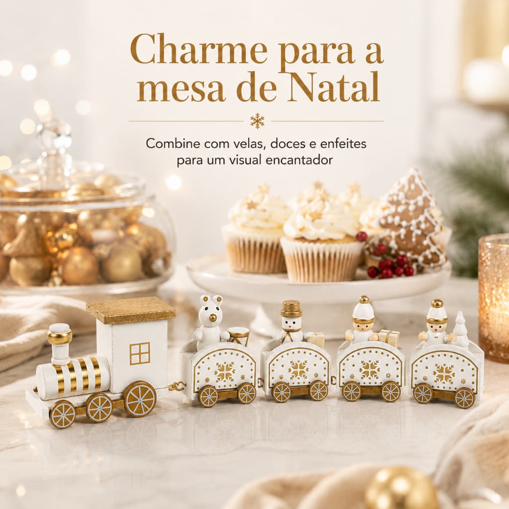 Trem de Natal Branco com Neve e 5 Vagões, Enfeite Natalino para Mesa, Árvore de Natal, Vila e Decoração