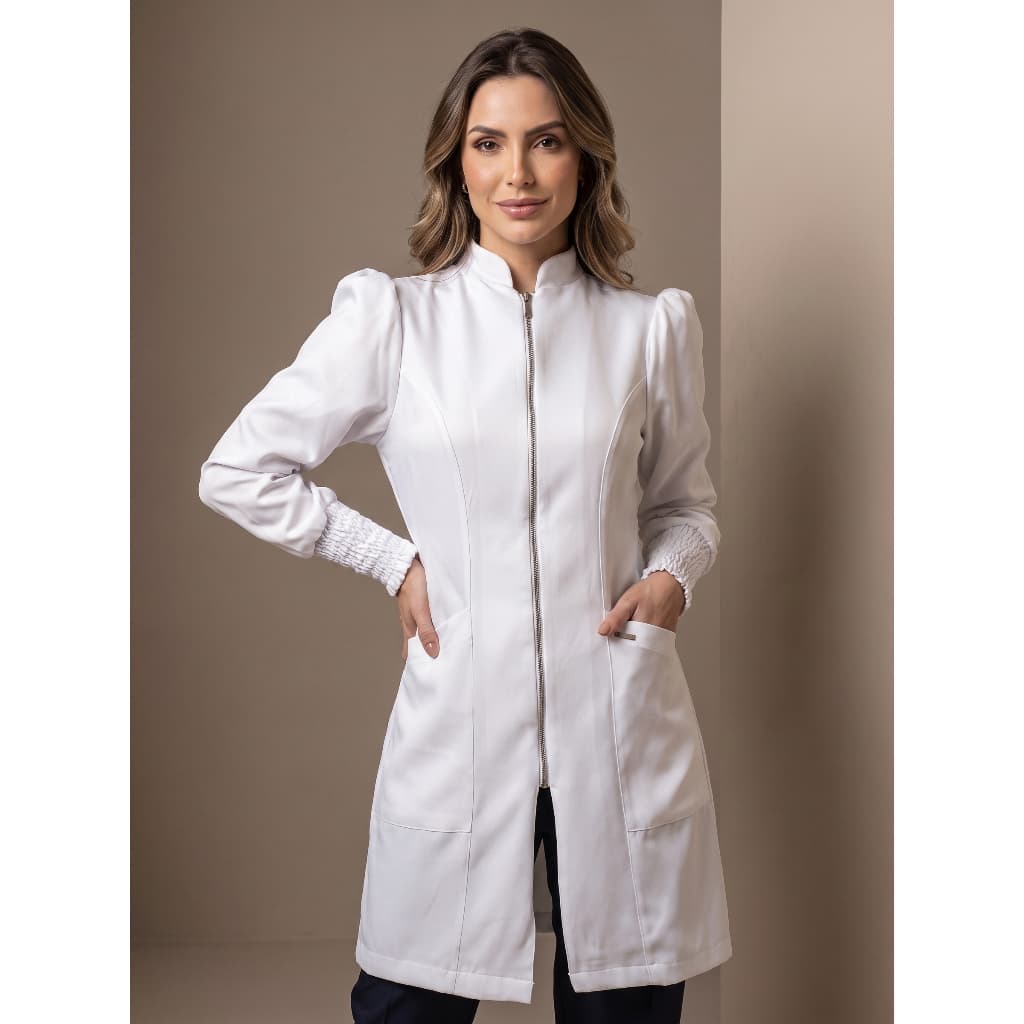 Jaleco Branco Estecista Premium Manga Princesa Punhos de Lastex Princess Jaleco Art