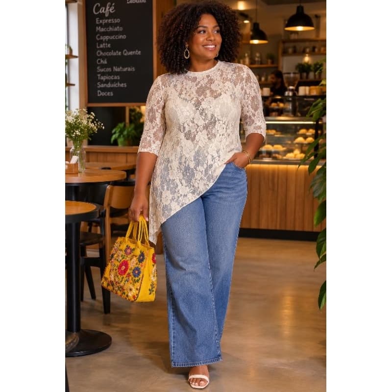 blusa feminina de renda, camiseta assimétrica de renda, camisa feminina de renda, blusa feminina elegante de renda