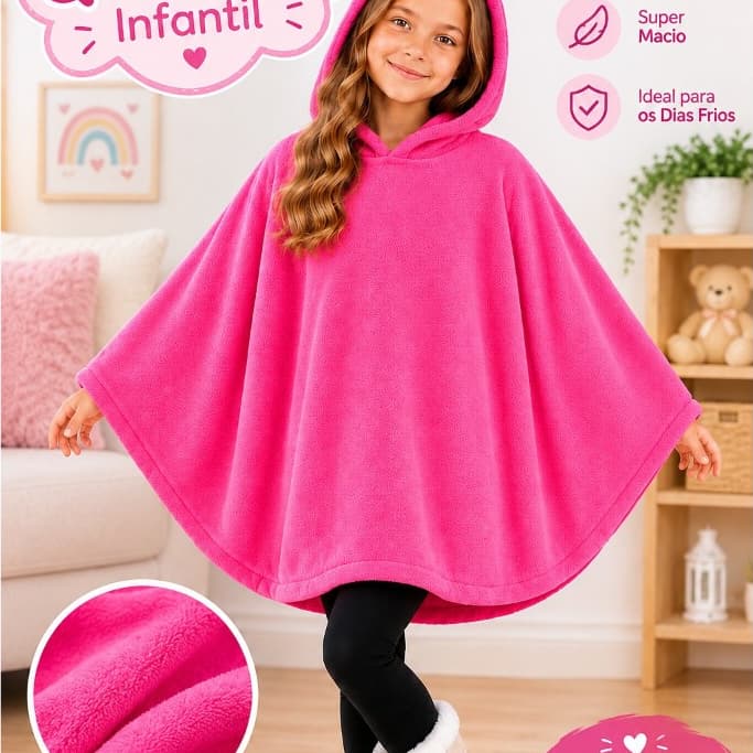 PONCHO CASACO INFANTIL COM CAPUZ INVERNO MICROFIBRA MENINA E MENINO 4 AO 10 ANOS UNISSEX