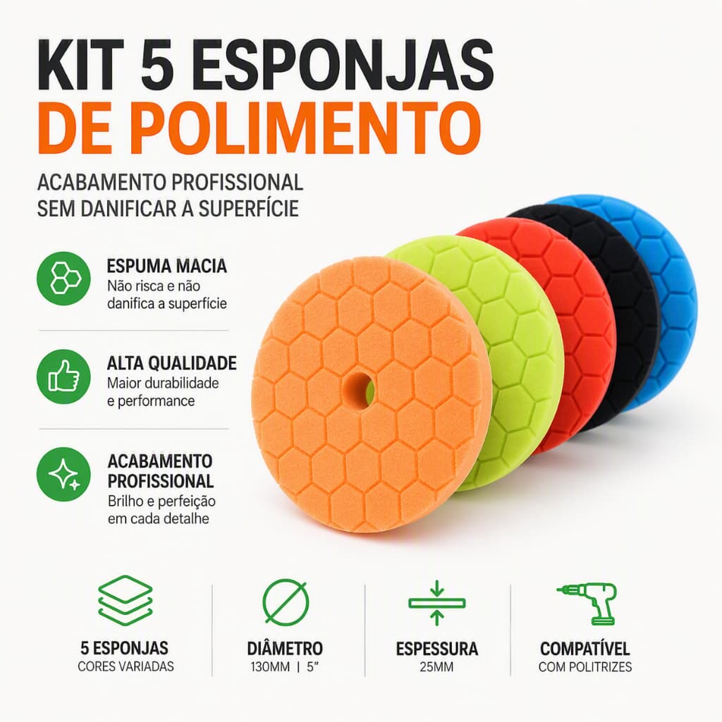 Jogo 5 Esponjas Espuma Polimento 130mm Diâmetro Furo 25mm Para Politriz Automotiva Acabamento Profissional
