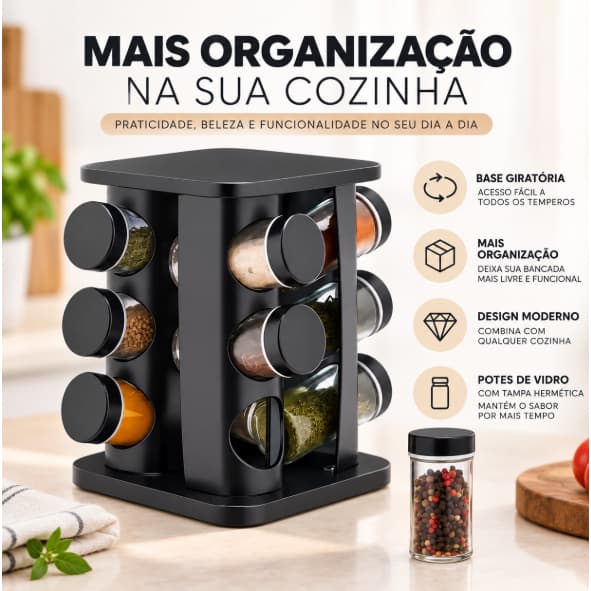 Porta Temperos Giratório 12 Potes Original Glass Organizador de Temperos em Vidro Suporte de Cozinha