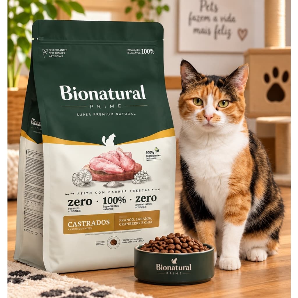 Alimento Seco Super Premium Natural Bionatural Gatos Castrados Frango Laranja Cranberry Chia 7,5Kg