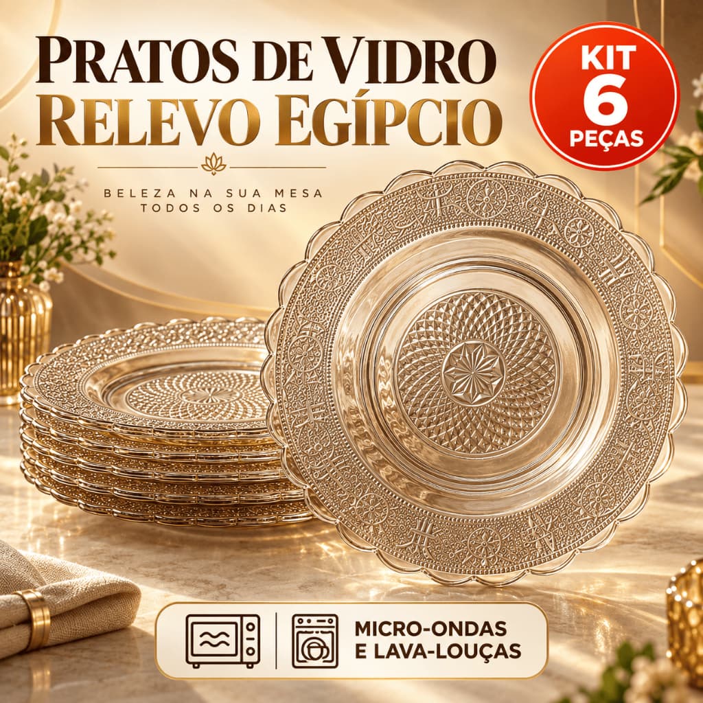 Jogo De Pratos Conjunto 6 Pecas Vidro Fundo Egipcio Estrela Transparente Conjunto de Jantar