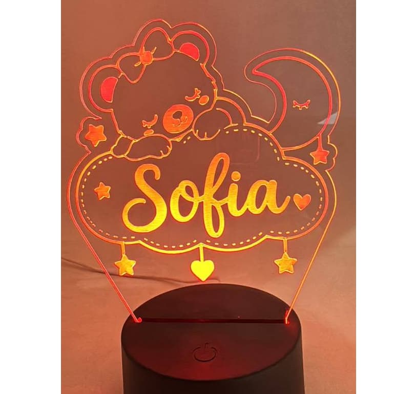 Luminária Abajur LED 3D Personalizado Nome Ursinho Bebê Quarto Infantil Menina Menino Fofinho Presente Chá de Bebê
