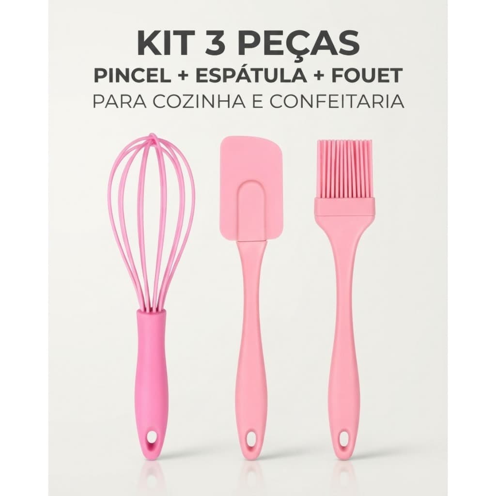 Kit 3 Peças Pincel Espátula e Batedor Fouet de Silicone Culinário Confeitaria