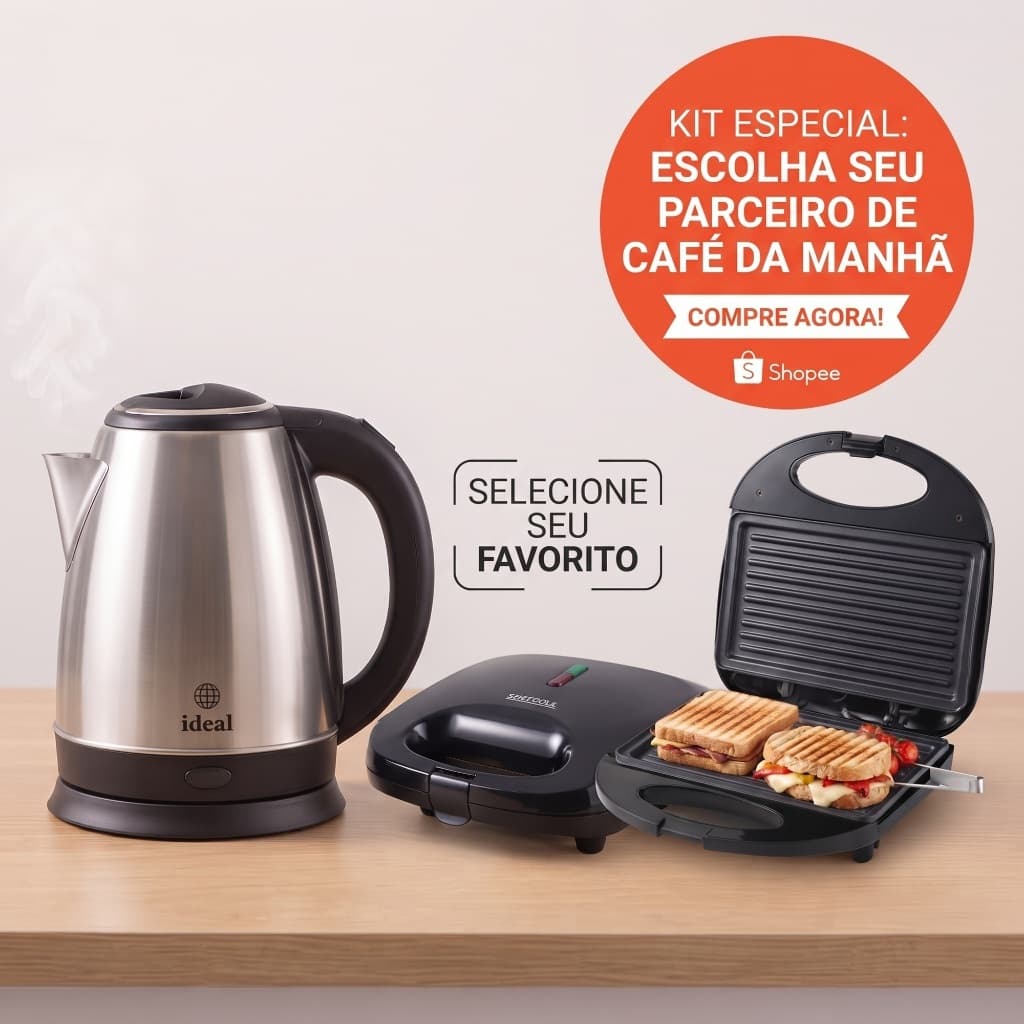🫖+🥪 Kit PROMOÇÃO Chaleira Elétrica Inox 1.8L 1000W + Sanduicheira Grill 2x1 Perfeita p/ Lanches 220V - Frete Grátis 🥪🔥