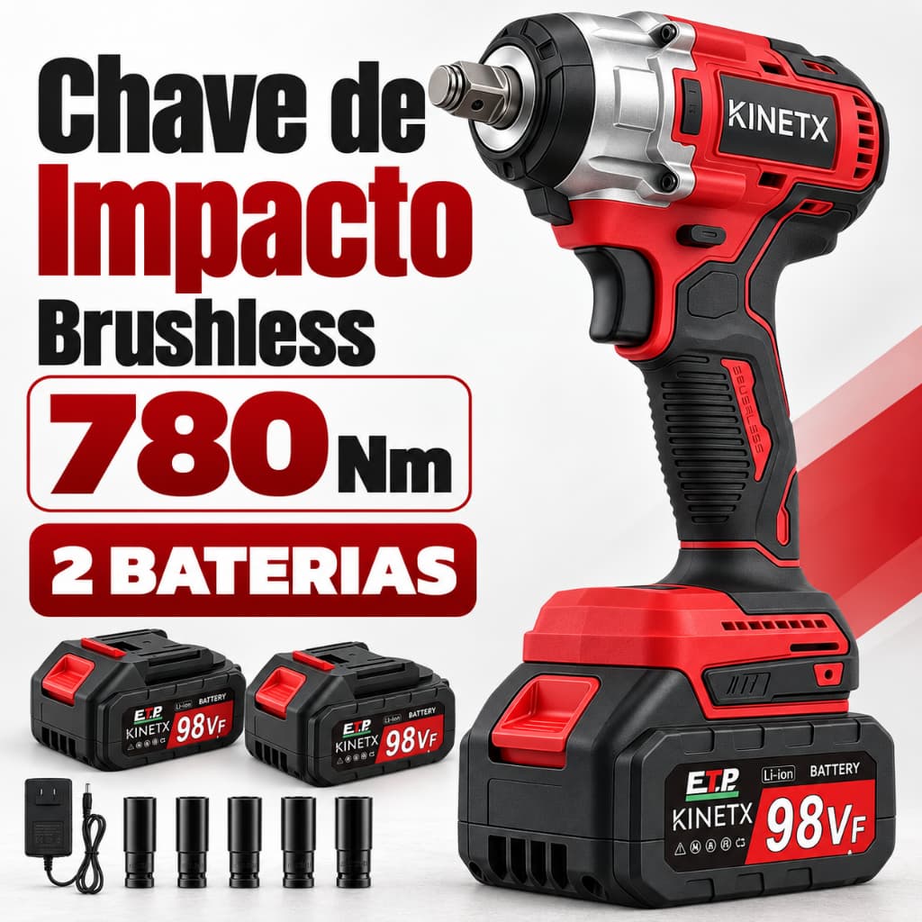 Chave De Impacto KINETX Parafusadeira Brushless 780Nm Encaixe 1/2" 98VF Sem Fio 2 Em 1 Kit 2 Baterias