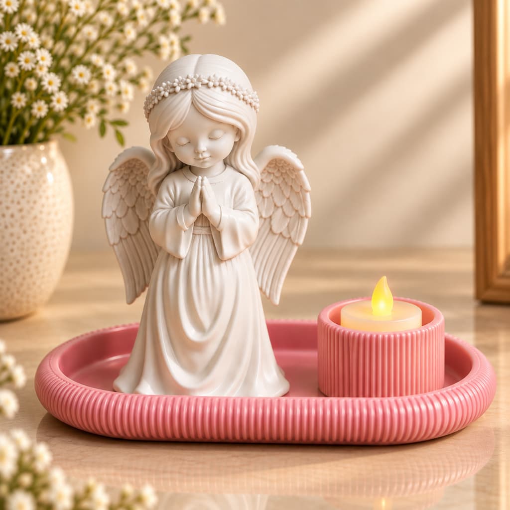 Kit Anjo da Guarda 10cm Católico com Bandeja Vela LED Cantinho de Oração Presente Religioso