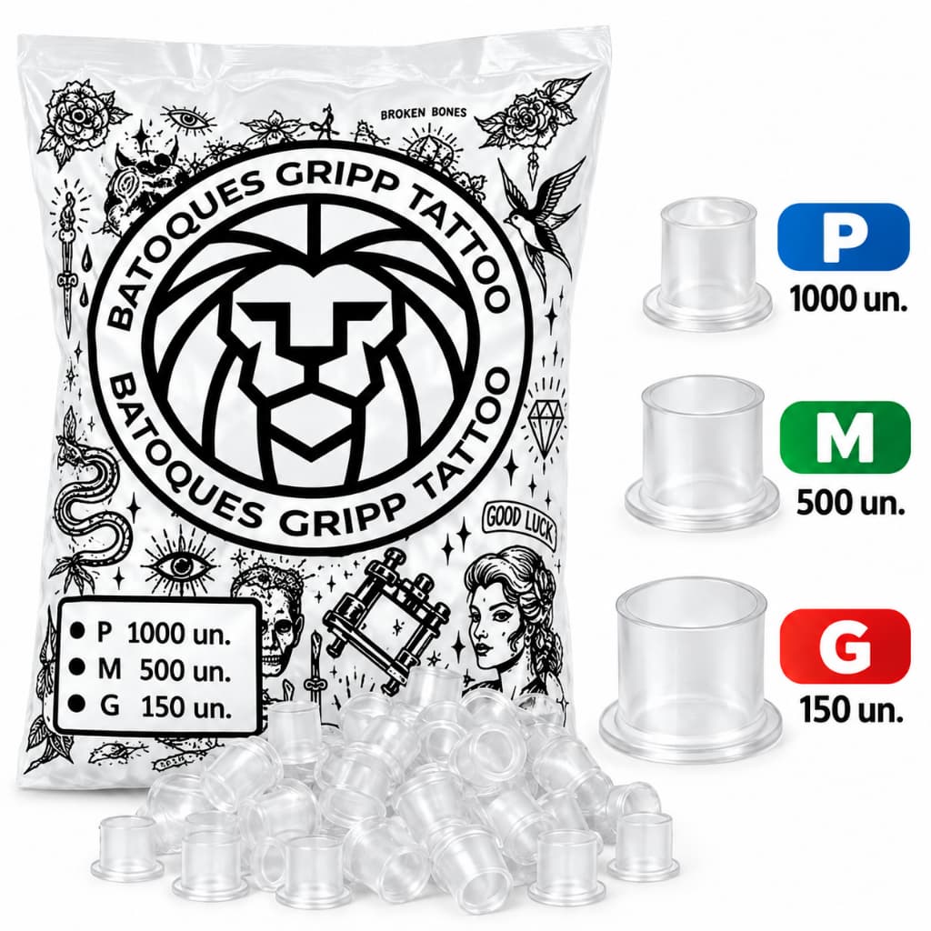 Batoque Gripp Transparente P M G Para Tinta Tatuagem Tattoo Descartável Com Base Cristal