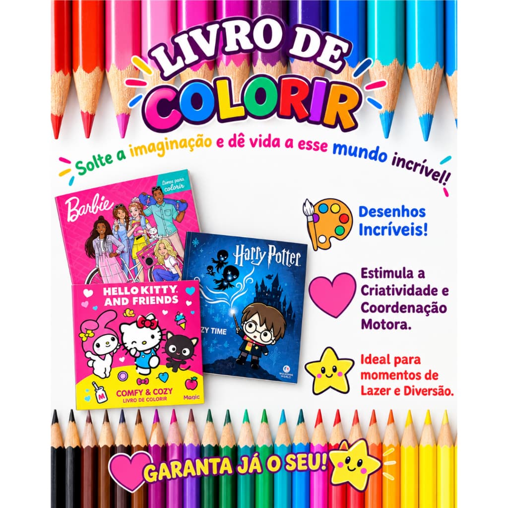 Livro de Colorir - Barbie - Harry Potter - Hello Kitty